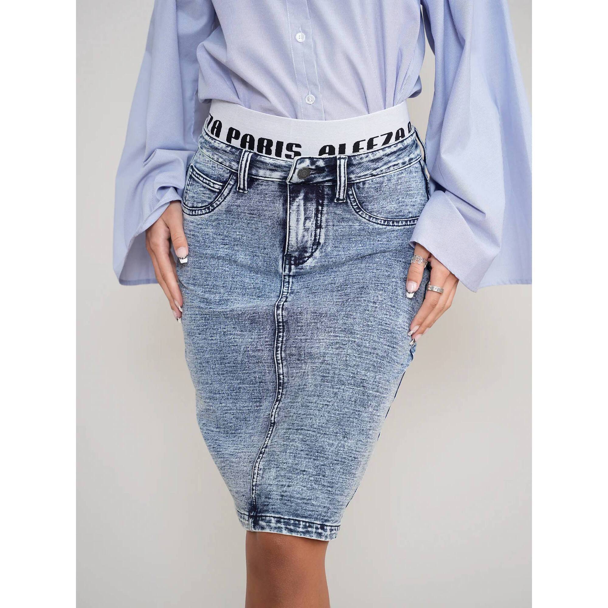 New Aleeza Paris Denim Straight Skirt With Elastic Waistband In Dusty Blue